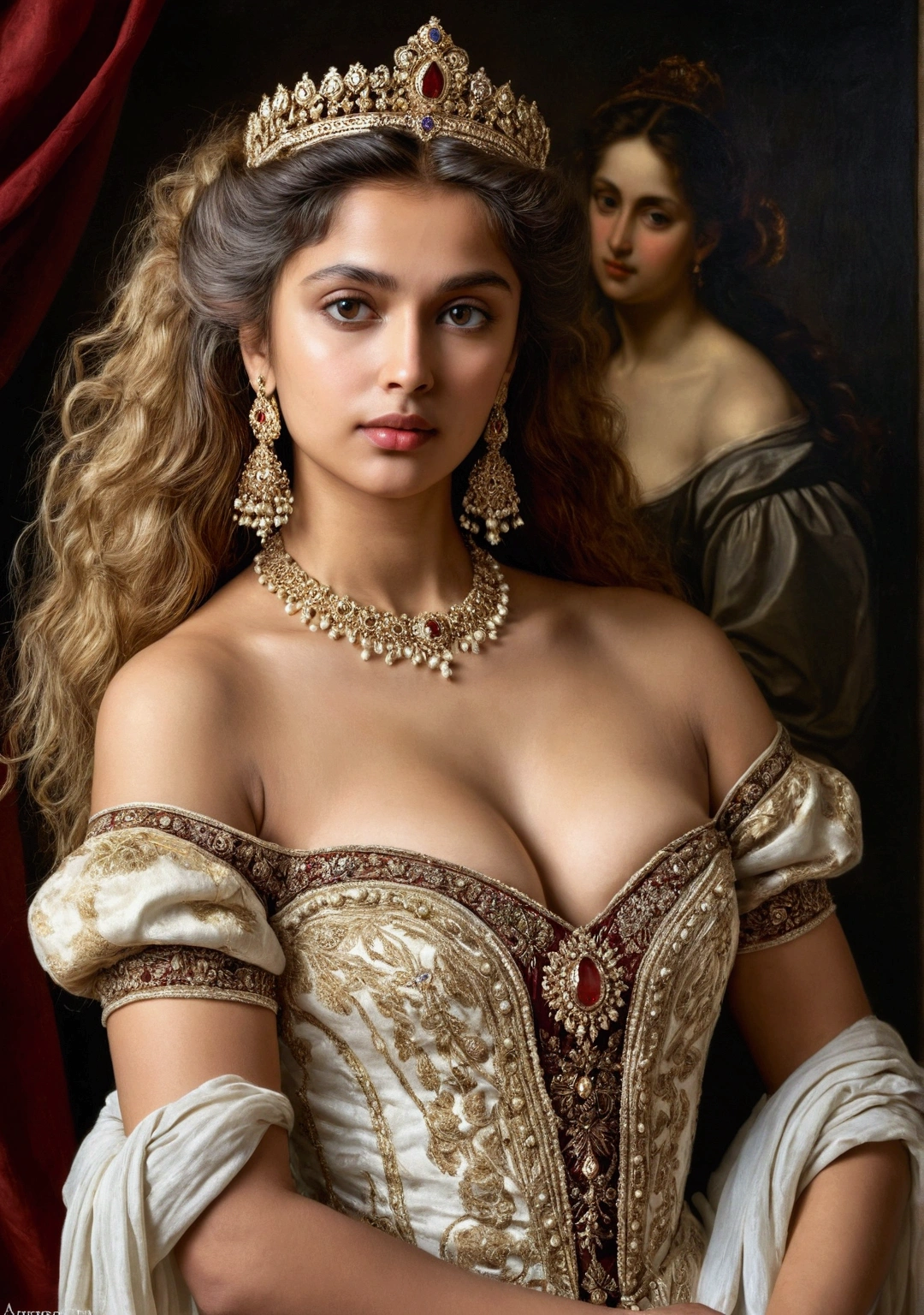 Best quality, highly detailed, masterpiece, Indian princess, Rajkanya, royal clothes, Masterpiece, extremely gorgeous woman, matchless Beauty, portrait, Peter Paul Rubens style, Woman, off shoulder bandeau crop blouse, middle ages, classicism, andrey atroshenko style, painting, long hair, styled hair, big tits, traditional media, realistic, figurative, fine art, detailed Art, oil on canvas, HDR, 8K, original character, high resolution, high detail, focus on the face, intricate, flawless, fluffy hair, Peter Paul Rubens style, By Peter Paul Rubens, sharp picture, avoid crown or mukut in picture,