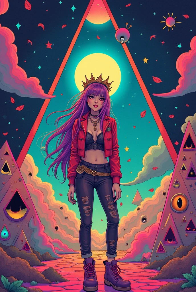A vibrant digital illustration captures a surrealistic portrait of a pretty lady standing confidently inside a trippy room filled with stars and triangular doors. Her glittering eyes and mischievous smirk exude charm, while her long hair flows gracefully around her. She wears a punk outfit, detailed with studs and bold patterns, perfectly contrasting with the delicate crown atop her head.
The room around her is a psychedelic dreamscape, featuring a swirling sky with vivid colors, a glowing moon, and a starry backdrop. Leaves float through the air, adding to the dynamic motion of the scene. Many eyes are subtly embedded in the walls and doors, giving an otherworldly feel to the space.
The environment is rich with geometric shapes, pyramids, and symmetry, echoing a sense of cosmic order within the chaos. The vivid colors and abstract elements are inspired by the works of Tracie Grimwood, Chris Dyer, Eric Carle, and Jon Burgerman, blending their distinctive styles into a cohesive, LSD-inspired visual feast.
The entire scene is rendered in high-definition, with intricate details that invite closer inspection, reminiscent of HD abstract photography. The surreal composition is both mesmerizing and disorienting, making the viewer feel as though they’ve stepped into a world where reality and fantasy collide. The digital illustration’s vibrant energy and meticulous design make it a striking piece of psychedelic art.