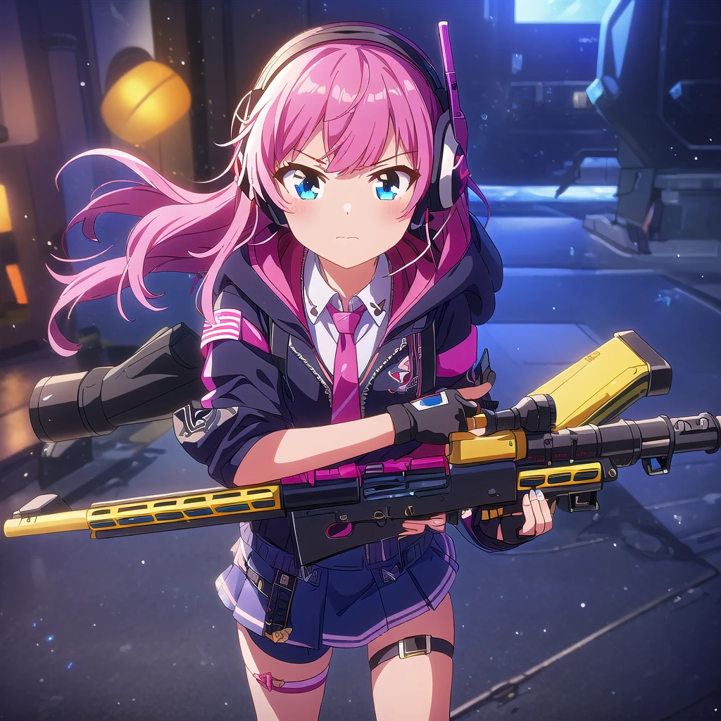((highest quality)), ((masterpiece)), (detailed), Perfect Face

(best quality),(masterpiece),(ultra detailed),(highres),production art,1girl, weapon, pink hair, gun, gloves, st ar-15 (girls' frontline), solo, fingerless gloves, rifle, ar-15, jacket, skirt, shell casing, long hair, hood, multicolored hair, holding weapon, holding, headphones, blue eyes, necktie, scope, black gloves, holding gun, suppressor, hooded jacket, one side up, thigh strap,