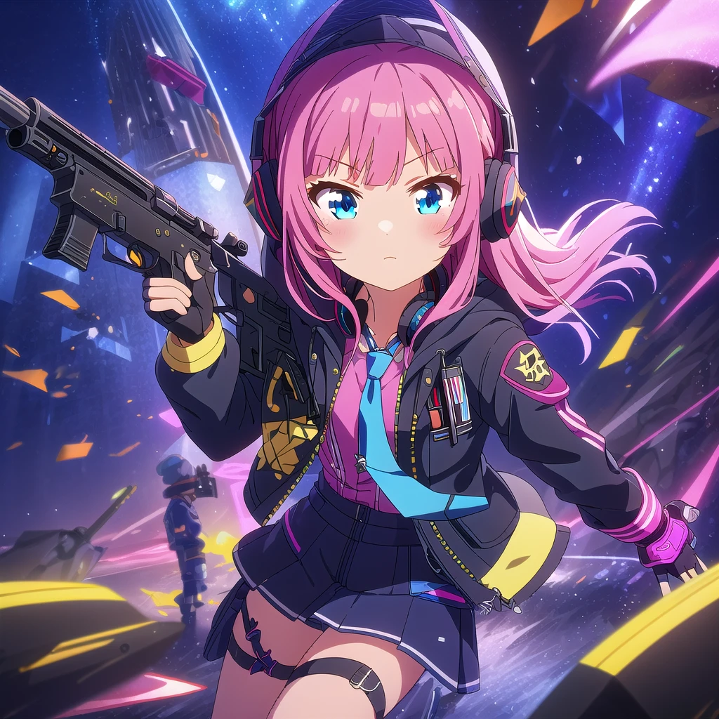 ((highest quality)), ((masterpiece)), (detailed), Perfect Face

(best quality),(masterpiece),(ultra detailed),(highres),production art,1girl, weapon, pink hair, gun, gloves, st ar-15 (girls' frontline), solo, fingerless gloves, rifle, ar-15, jacket, skirt, shell casing, long hair, hood, multicolored hair, holding weapon, holding, headphones, blue eyes, necktie, scope, black gloves, holding gun, suppressor, hooded jacket, one side up, thigh strap,