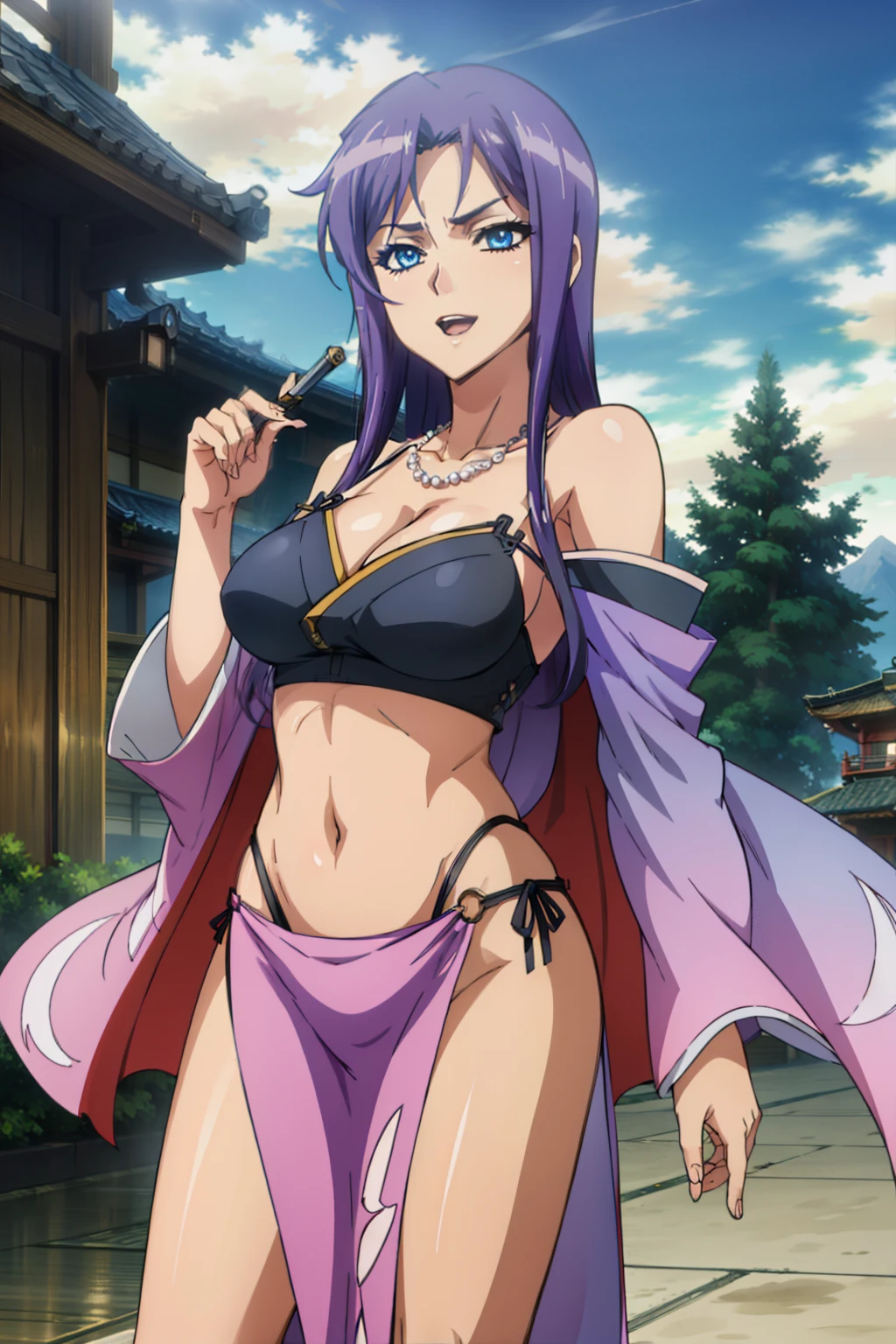 jewelry,gem, necklace, 
blue eyes, purple hair,long hair,Bangs,
long hair, lipstick, smile, Hot girl, baddie, staring, glaring, bad attitude, mean girl, dare, angry, hate, crazy, smoking, sensual, attractive, masterpiece, best quality, highly detailed, a anime girl in kimono dress ,holding sword, bare
shoulder,open kimono, evil smile, open mouth, crop top , smile, ecchi anime
style, anime girls, ecchi style, ecchi, digital anime art!!, in anime style, official artwork, visual novel cg,
beautiful anime girl, anime style 4 k, kimono pencil skirt, exposed belly, exposed navel,
exposed midriff, exposed lower belly, outdoor, japanese architecture, temple