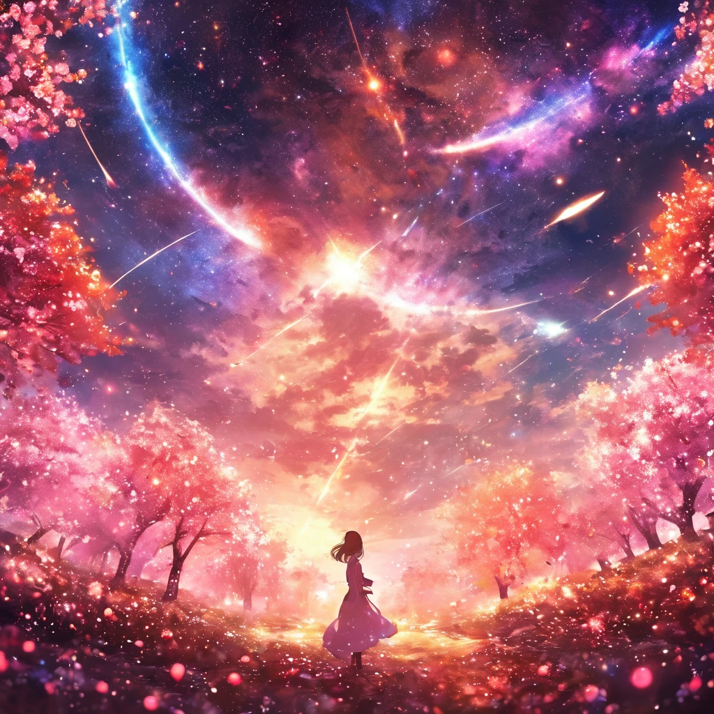 masterpiece, Concept Art, Panorama, in the center, shape, Wide Shot, flower garden, night, (meteor), Space galaxy background, (Great composition, Epic scale), Dynamic Lighting, Bright colors, cherry blossoms,1 girl,garden