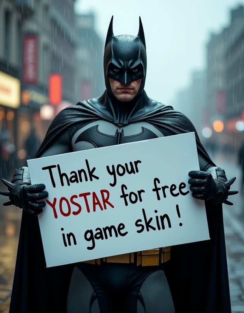 Batman holding a white sign with hand written text "Thank you YOSTAR for free in-game skin", raining outdoor, overcast, moody