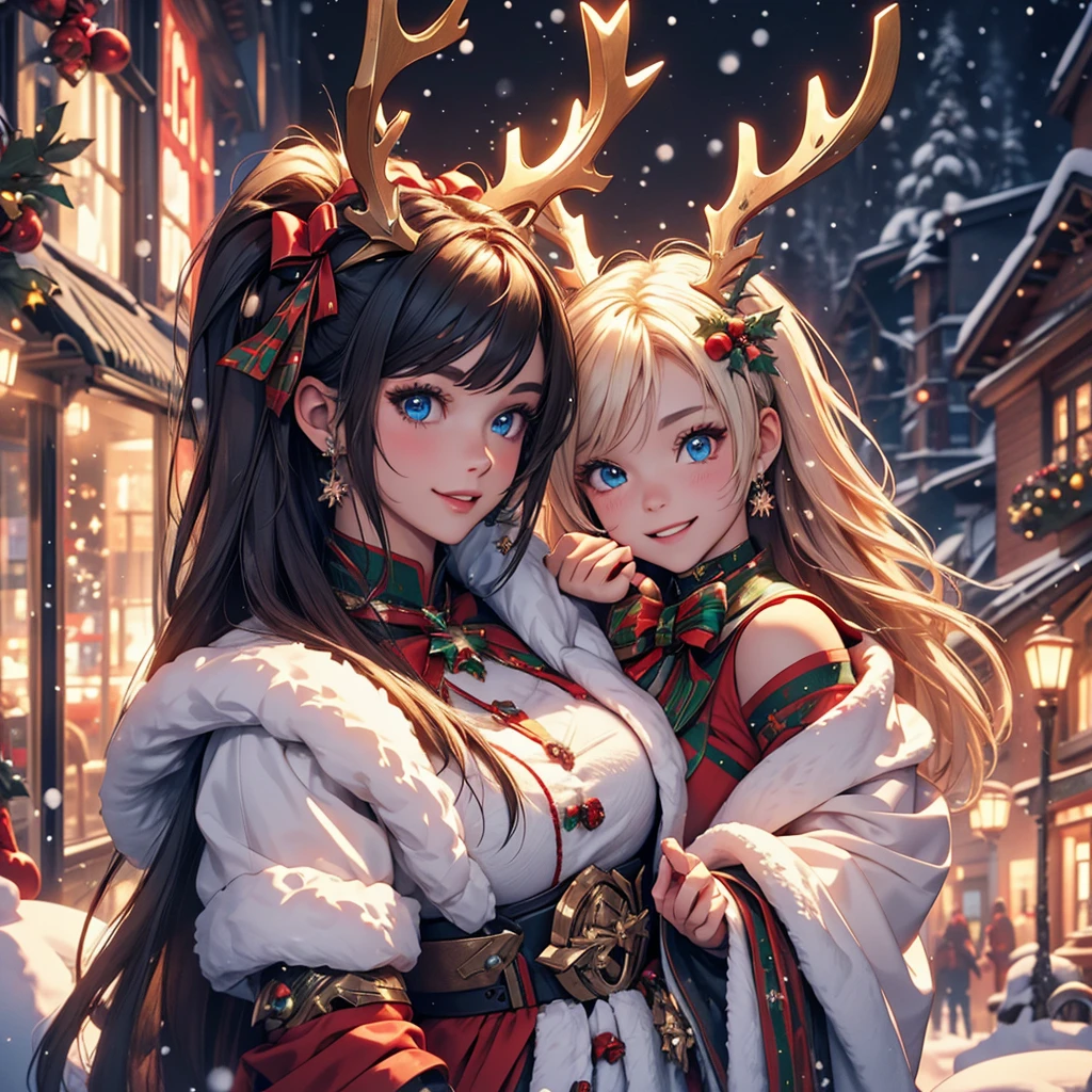 Christmas theme, 1 cute beautiful cyborg, 8k, hd, unreal engine, masterpiece, 4k, extra details, Christmas decoration, snow, close face, Christmas cosplay,  reindeer ears