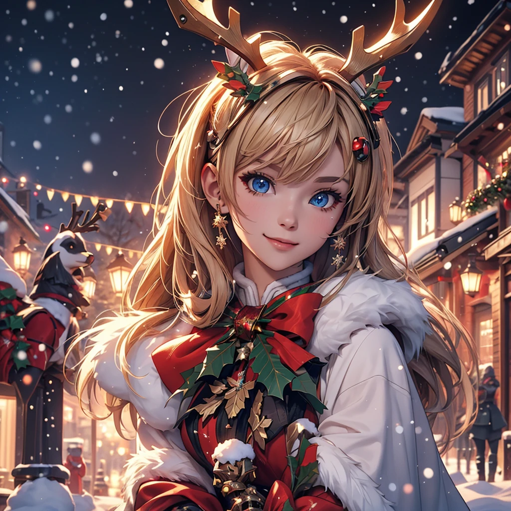 Christmas theme, beautiful cyborg, 8k, hd, unreal engine, masterpiece, 4k, extra details, Christmas decoration, snow, close face, Christmas cosplay, golden hair, reindeer ears
