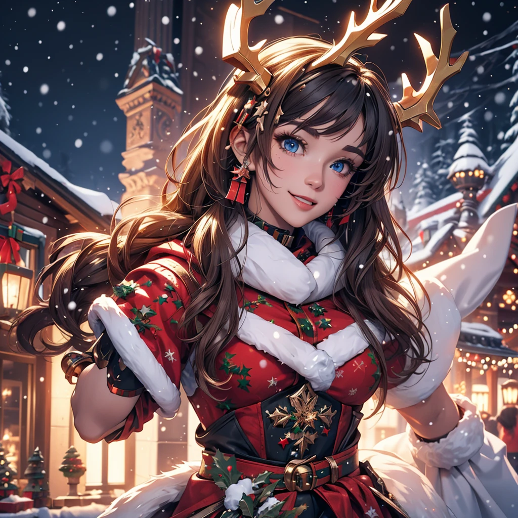 Christmas theme, 1 cute beautiful cyborg, 8k, hd, unreal engine, masterpiece, 4k, extra details, Christmas decoration, snow, close face, Christmas cosplay, reindeer ears