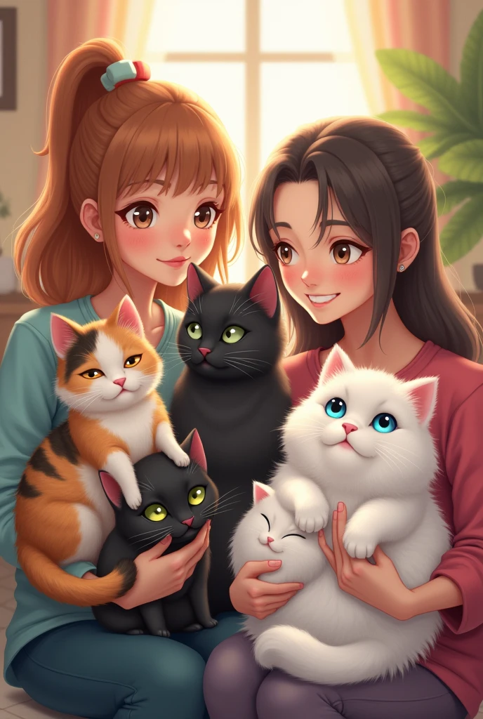 Bicolour cat with minimal black color, calico fluffy cat, black fluffy cat, black cat, white cat with blue eye colour, white fat cat and two woman holding them. Total six cats only!