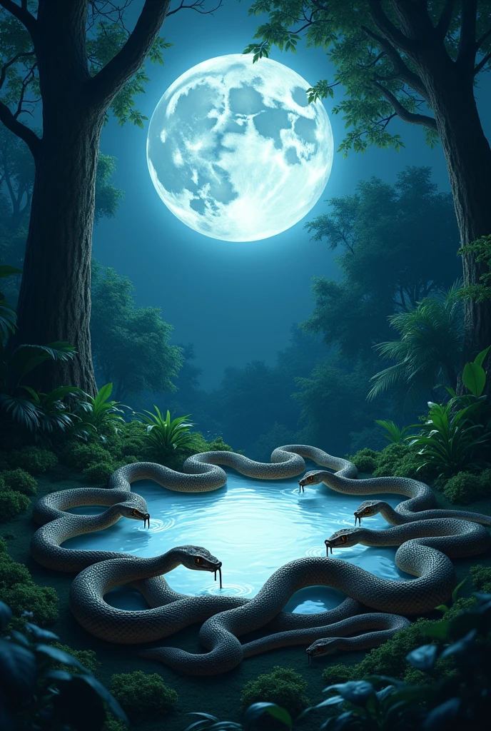 Snakes drinking milk, jungle, night,full moon,land india