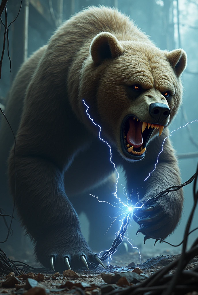 Scary bear bites electric wires