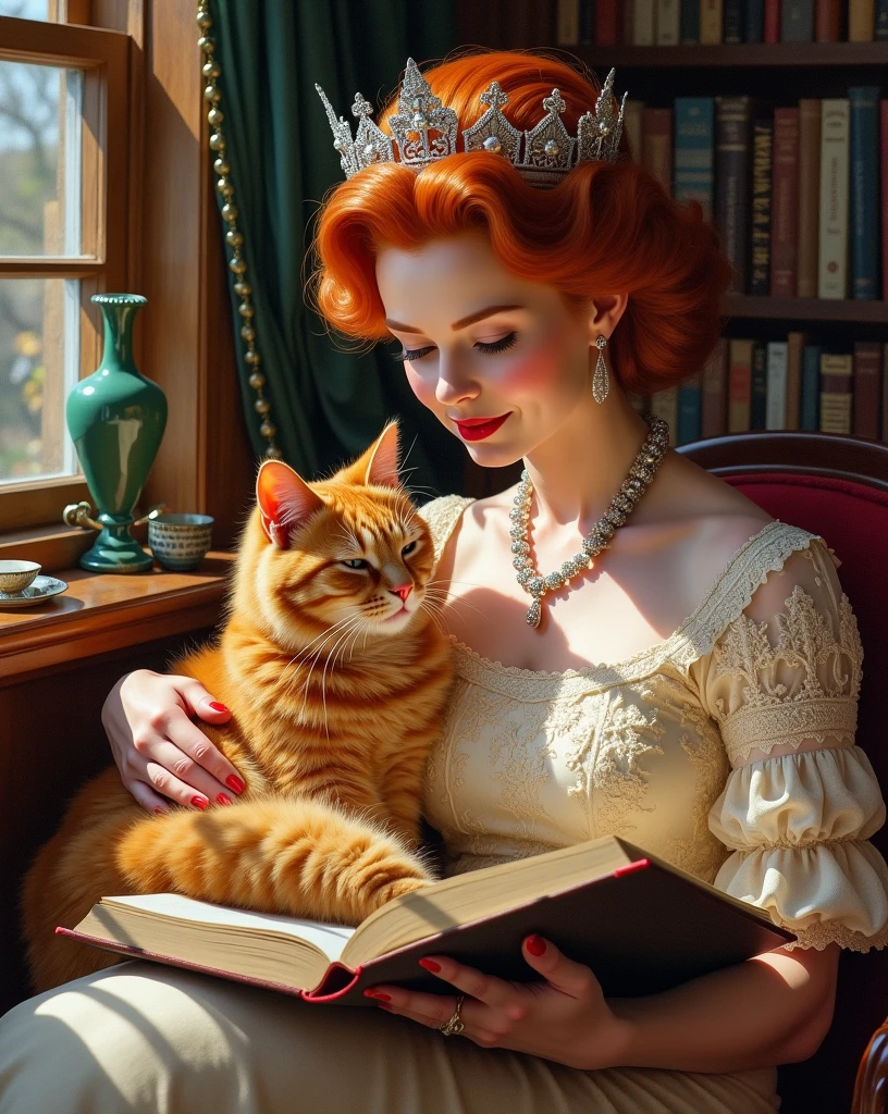 Elizabeth II as interpreted by Maude Adams, red-haired, accompanied by her full-sized red Maine Coon cat, illustrated in oil painting texture, eyes and lips crafted with beauty and attention to detail, featuring long eyelashes, vibrant colors, flowing hair, absorbed in reading at her cozy reading spot, Maine Coon asleep on her lap, clutter of books and amenities shelved nearby, suffused with soft sunlight, lively expression conveying joyful interaction