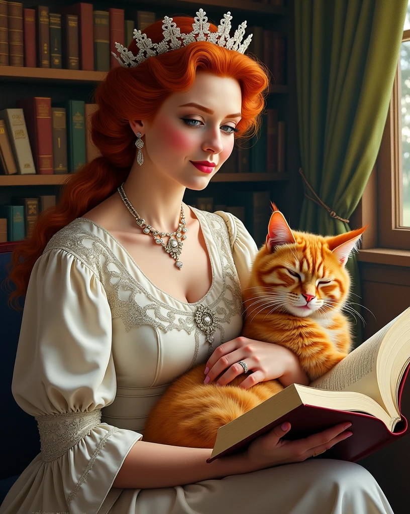Elizabeth II as interpreted by Maude Adams, red-haired, accompanied by her full-sized red Maine Coon cat, illustrated in oil painting texture, eyes and lips crafted with beauty and attention to detail, featuring long eyelashes, vibrant colors, flowing hair, absorbed in reading at her cozy reading spot, Maine Coon asleep on her lap, clutter of books and amenities shelved nearby, suffused with soft sunlight, lively expression conveying joyful interaction