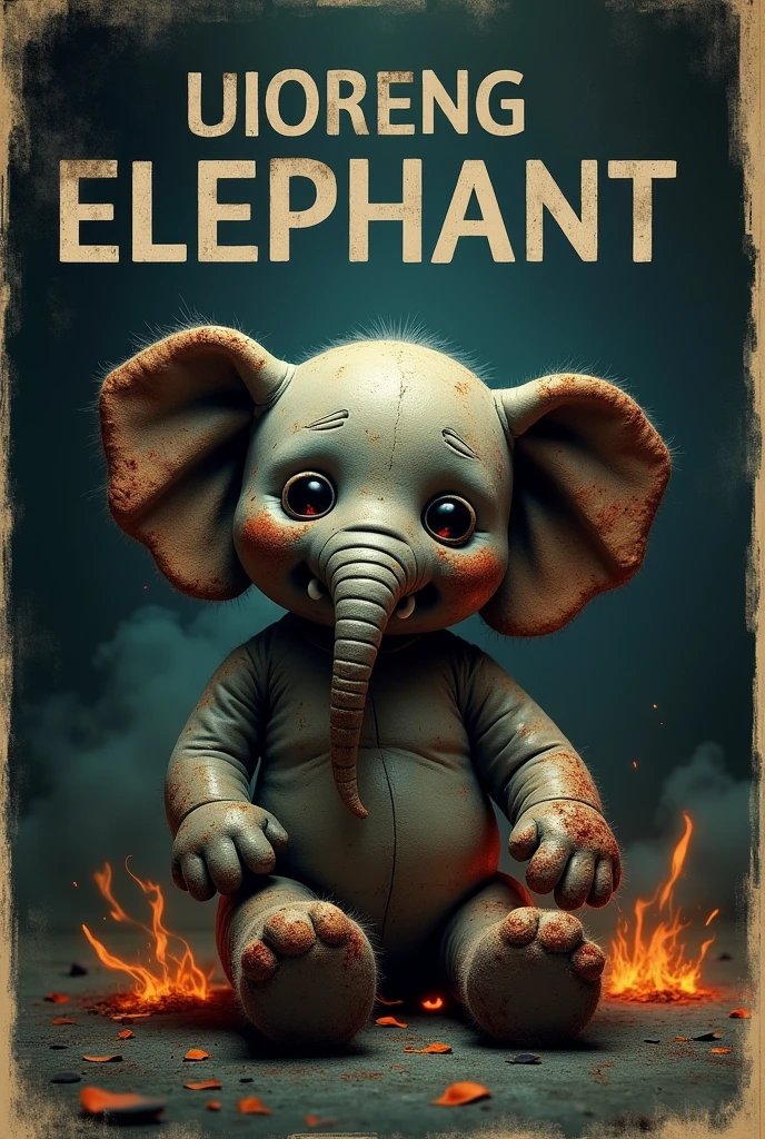 A movie poster about elephant doll getting burned,with a title of "Burn the Bitch",coming soon in cinema,with classical horror style