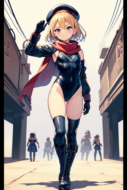 girl , small girl , Short blonde , blue eyes, Angry face , body , Military Net Beret , Black leotard , Flat Chest , gloves ,Knee-high boots .Are standing. Red Sash、Red short scarf、Nazi salute , Put your hands on your hips, Wicked Smile,black tights