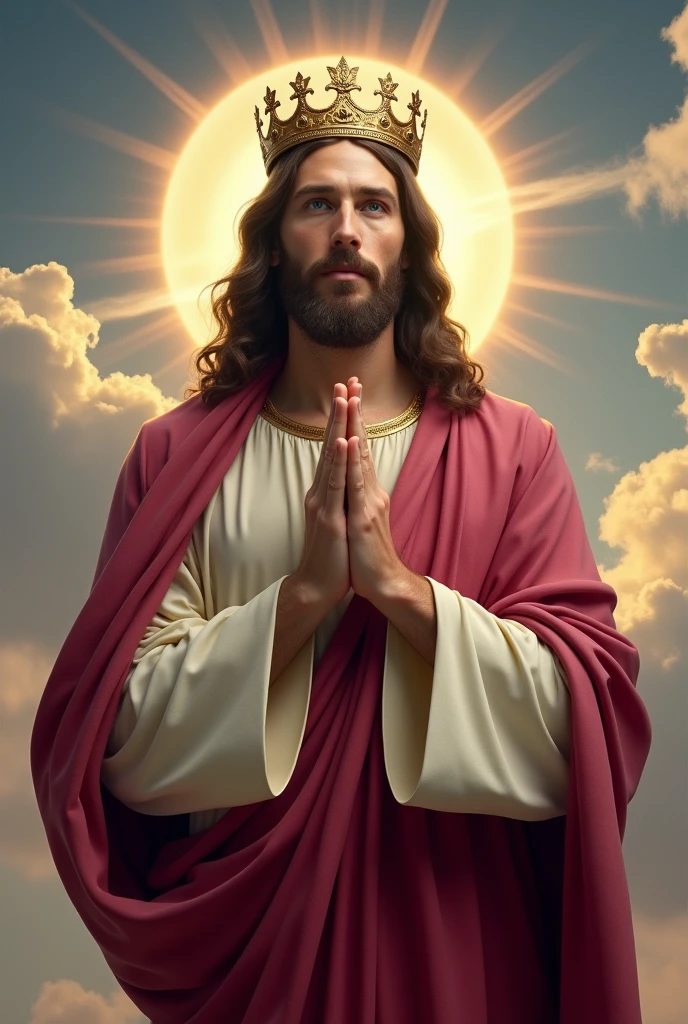 Perfect hand 5 finger, Portrait of a handsome Jesus Christ  wearing the dark pink king clothes with king crown in the eclipse, Jesus Christ, real blue eyes, sunny day, intricate details.real Jesus Christ, straight head face, Straight body.Prayer Jesus Christ, perfect full body,  perfect hands finger,Prayer Jesus Christ, praying Jesus Christ backgrounds natural photographic