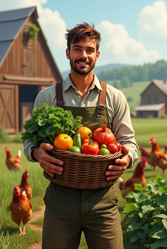 A young with bare face man holding his harvest in front of his farm with chickens.