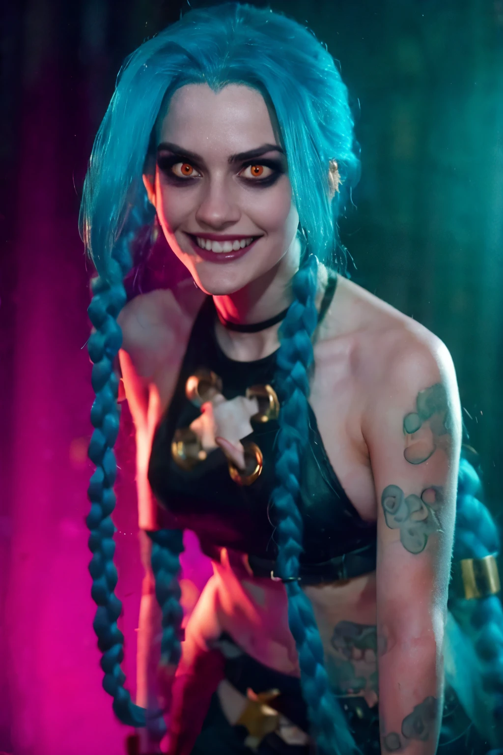 Side viewer. Hyper realistic super detailed Jinx cosplay , ((Young girl, 15 years old)), Very detailed, (hyper realistic: 1.4), in dynamic pose, (((psycho face, evil, creppy smiling))), twin braids, long hair, blue hair, red eyes, tattooed, ((skinny Body)), ((angry face)), arcane style. ((Cinematic Explosion background,  cinematic lighting)).