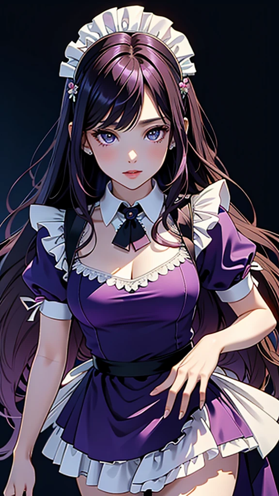 Masterpiece, Top quality, Super high resolution, 8K quality, (Realistic:1.4), Beautiful face with great detail, Silky long purple hair, Deep purple eyes, Beautiful eyes with high transparency, (((Best quality see-through Maid dress))), Amazing Japanese woman, Very cute, Portrait, Soft skin and perfect face, Perfect face, Shoot hair, 8K resolution, Super realistic, Very detailed, High quality, Wide perspective, sexy pose
