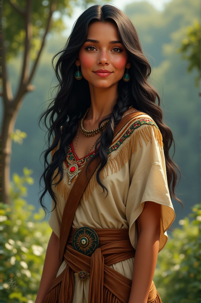 Pocahontas wavy hair shoulder length smiling while flashing boobs outdoors