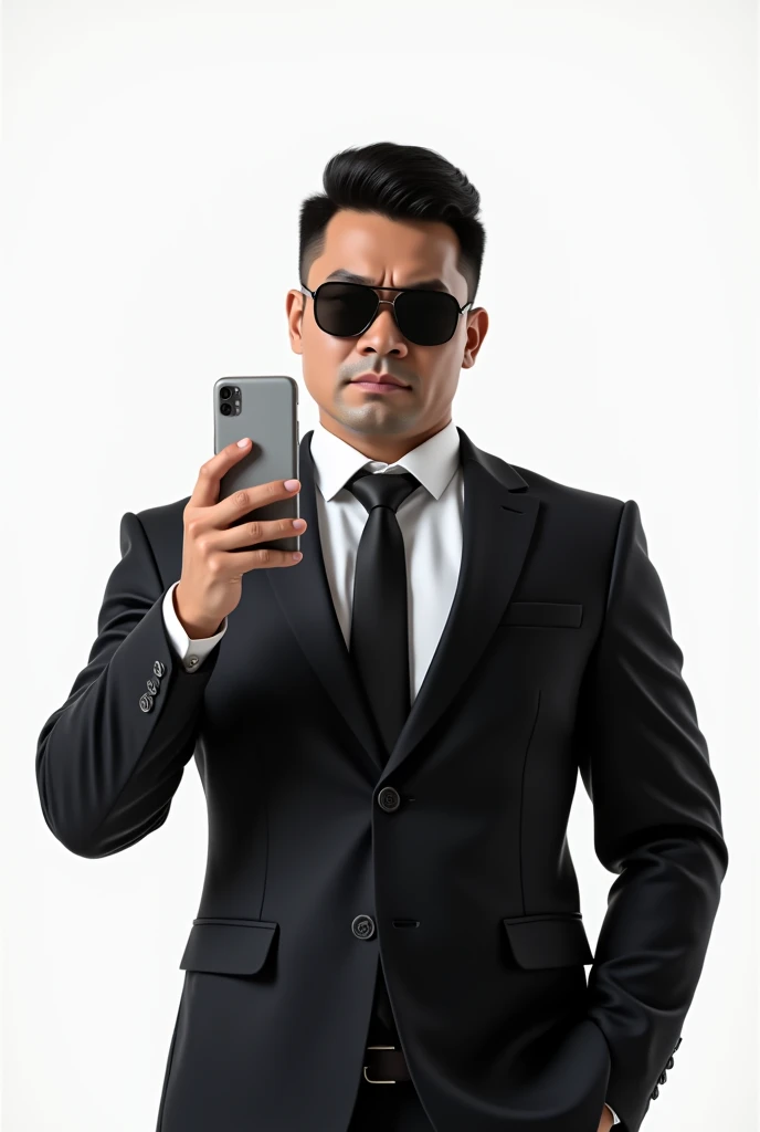 Asian strong buff man(He is strong,buff,confident, wears a suit and sunglasses and look fearless.)hand up phone with white background