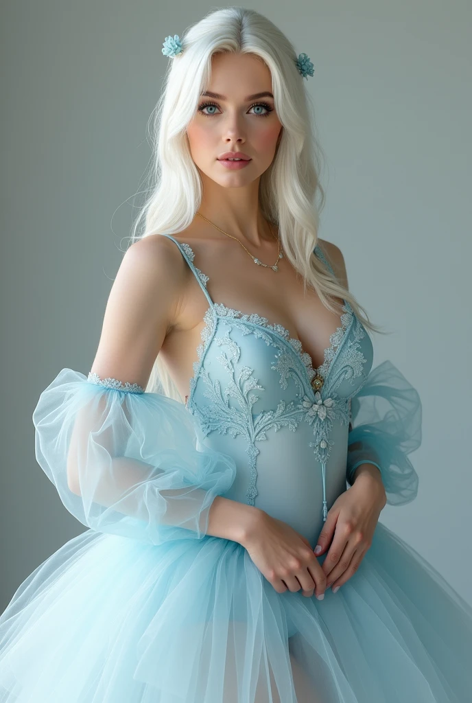 she is a professional ballerina, polite, beautiful, physically a bit tall above other women and well-doted and voluptuous body, her peculiar white and long hair with sky blue highlights and shinning blue eyes like jewels