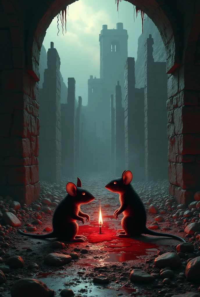 Over the ground blood and ruins.
Under the ground a rat family celebrating in a hole where there's no blood.