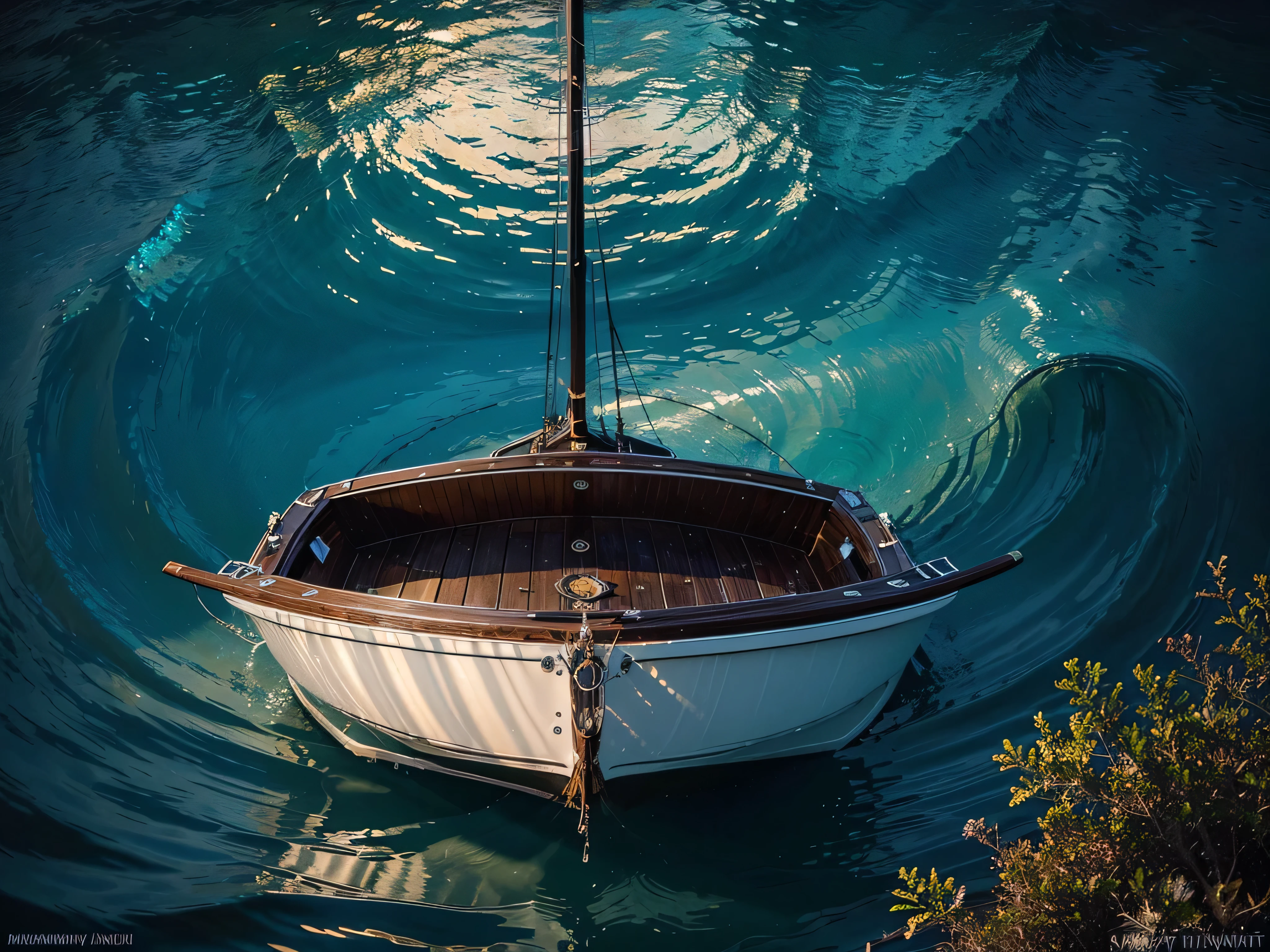A dazzlingly shimmering bioluminescent dimensional dinghy floats amidst a sea of swirling colors and shapes in an acrylic painting. The main subject of this artwork is a small boat emitting a soft, ethereal light that illuminates its surroundings. The image, a masterful painting, captures the intricacies of the dinghy's luminous glow as it reflects off the surrounding waters. Every brushstroke is meticulously applied, creating a mesmerizing effect that draws the viewer in. The vivid colors and attention to detail make this painting a true masterpiece, showcasing the artist's talent and creativity.