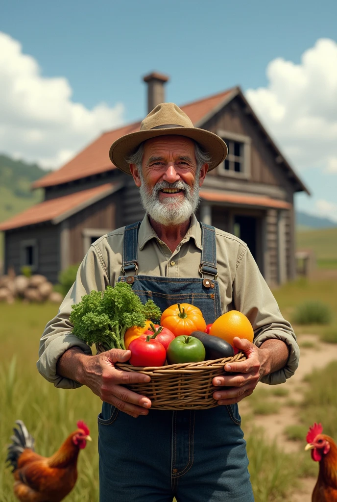 A old man holding his harvest in front of his farm with chickens.