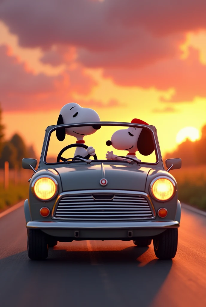 Snoopy and his girlfriend Fifi in a car and Snoopy is driving and his girlfriend is in the passenger seat and I want it to look like the car is going straight towards you from the front and the car is Oxford grey like the Fiat Argo style and with a sunset in the background, 2D image 