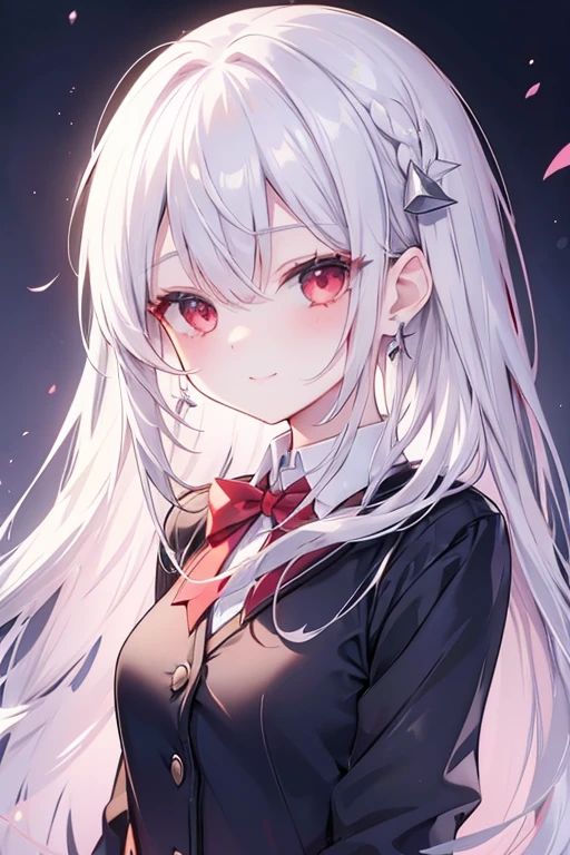 Silver hair red eyes、 girl、small breasts、long hair、smile、gal girl、wearing cute earrings、uniform、knit cardigan、With highlights around the eyes、cute hairpin、I can see the whole body、School,blushing face