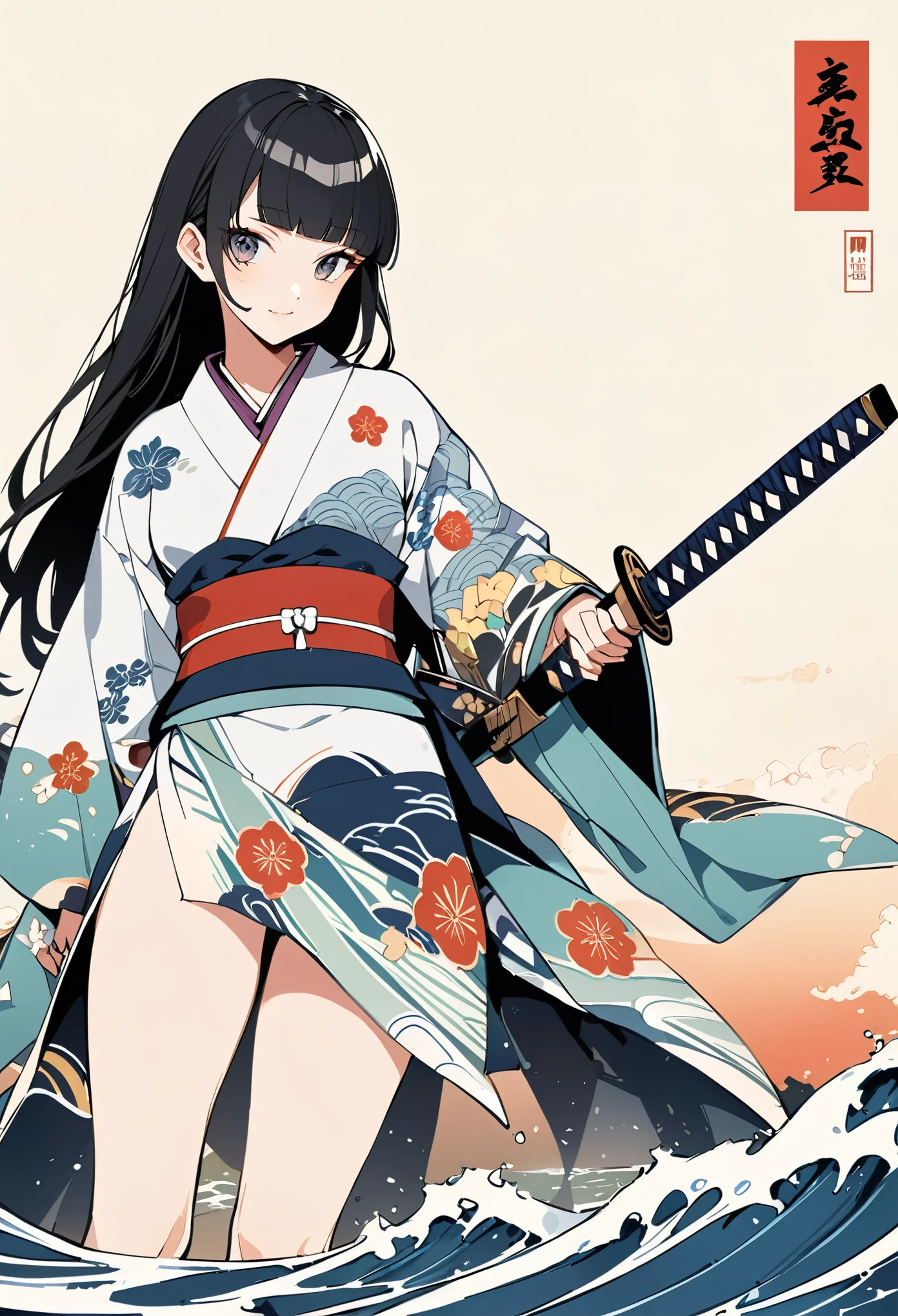 Ukiyo-e、Ocean、Kimono dress,Black Hair、blunt bangs、Samurai、Japanese sword, face, Modern design, 1 female,Sexy concept,