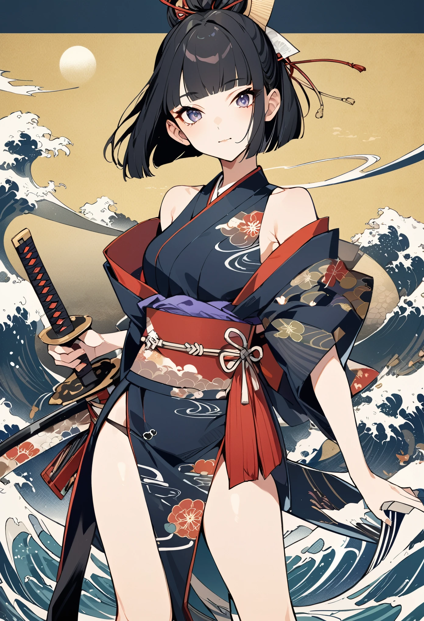 Ukiyo-e、Ocean、Kimono dress,Black Hair、blunt bangs、Samurai、Japanese sword, face, Modern design, 1 female,Sexy concept, 
