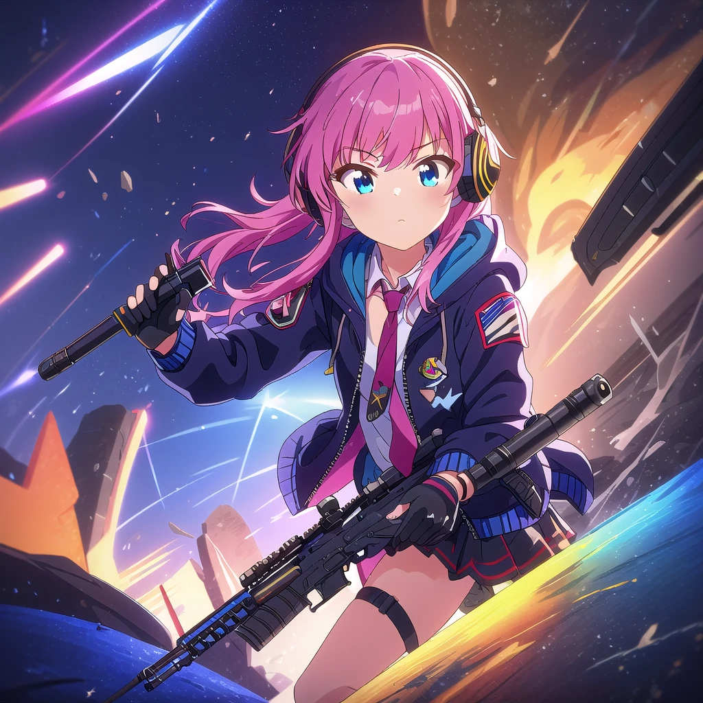 ((highest quality)), ((masterpiece)), (detailed), Perfect Face
(best quality),(masterpiece),(ultra detailed),(highres),production art,1girl, weapon, pink hair, gun, gloves, st ar-15 (girls' frontline), solo, fingerless gloves, rifle, ar-15, jacket, skirt, shell casing, long hair, hood, multicolored hair, holding weapon, holding, headphones, blue eyes, necktie, scope, black gloves, holding gun, suppressor, hooded jacket, one side up, thigh strap,