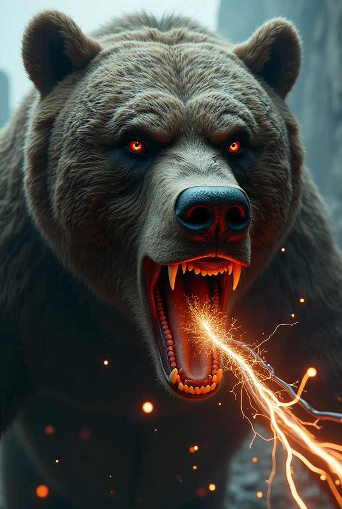 Scary bear hold electric wires in a mouth 