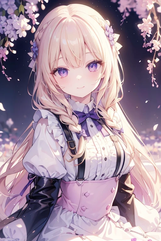 masterpiece,best quality,1girl,field of lilac,looking at viewer,violet eyes,princess,upper body,braids,light blonde hair,long hair,suspenders,long white fancy dress,frills,smile