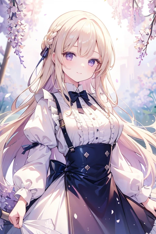 masterpiece,best quality,1girl,field of lilac,looking at viewer,violet eyes,princess,upper body,braids,light blonde hair,long hair,suspenders,long white fancy dress,frills,smile