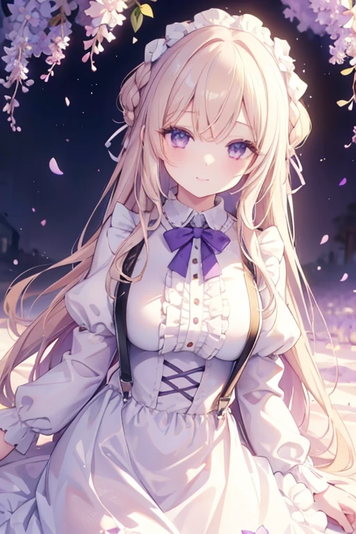 masterpiece,best quality,1girl,field of lilac,looking at viewer,violet eyes,princess,upper body,braids,light blonde hair,long hair,suspenders,long white fancy dress,frills,smile