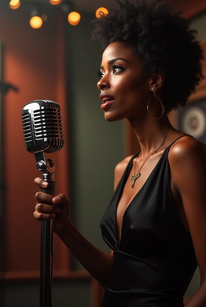 A very sexy black female jazz singer , beautiful lady, singing with a 60's microphone on a tvshow