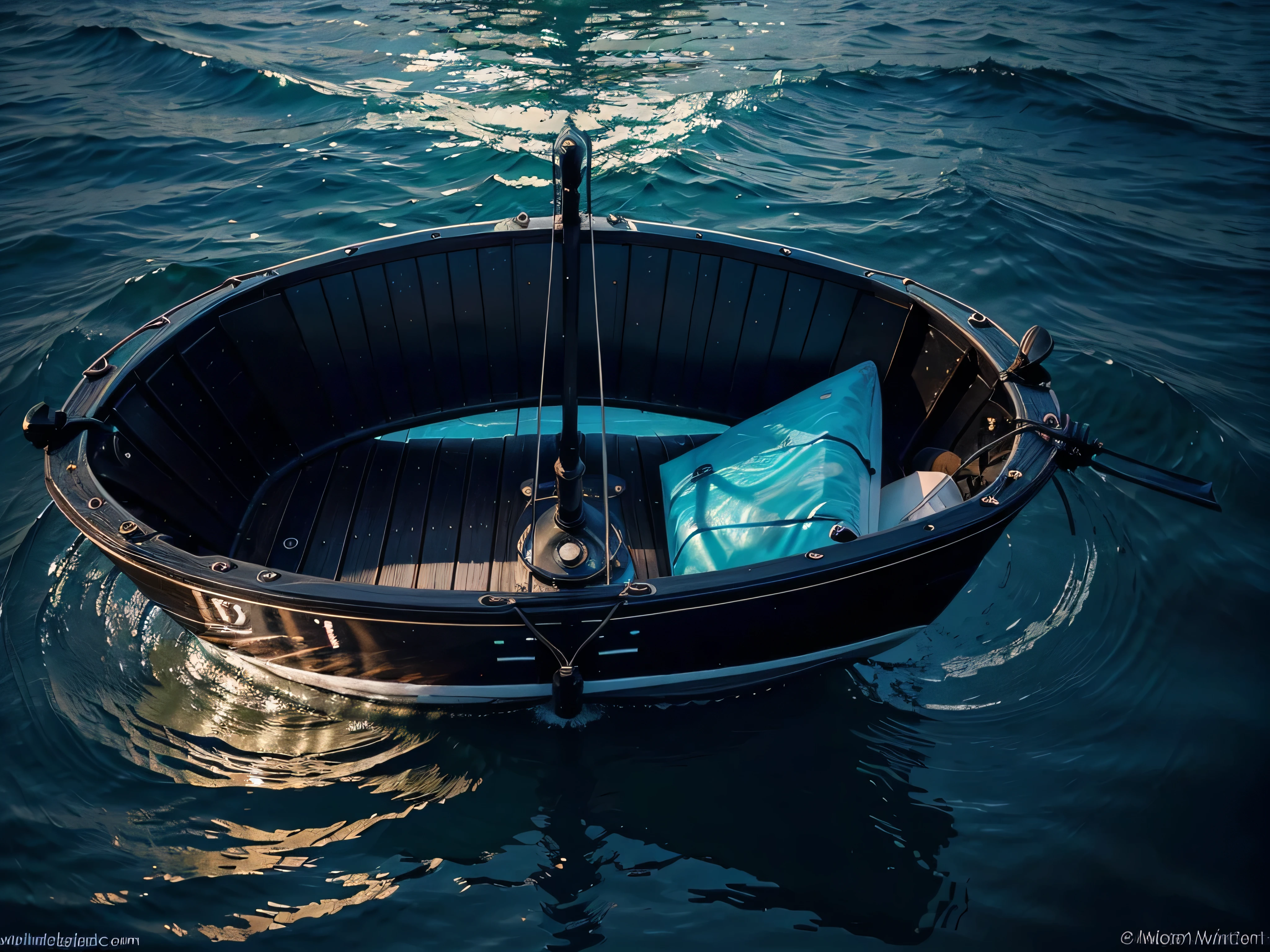 A dazzlingly shimmering bioluminescent dimensional dinghy floats amidst a sea of swirling colors and shapes in an acrylic painting. The main subject of this artwork is a small boat emitting a soft, ethereal light that illuminates its surroundings. The image, a masterful painting, captures the intricacies of the dinghy's luminous glow as it reflects off the surrounding waters. Every brushstroke is meticulously applied, creating a mesmerizing effect that draws the viewer in. The vivid colors and attention to detail make this painting a true masterpiece, showcasing the artist's talent and creativity.