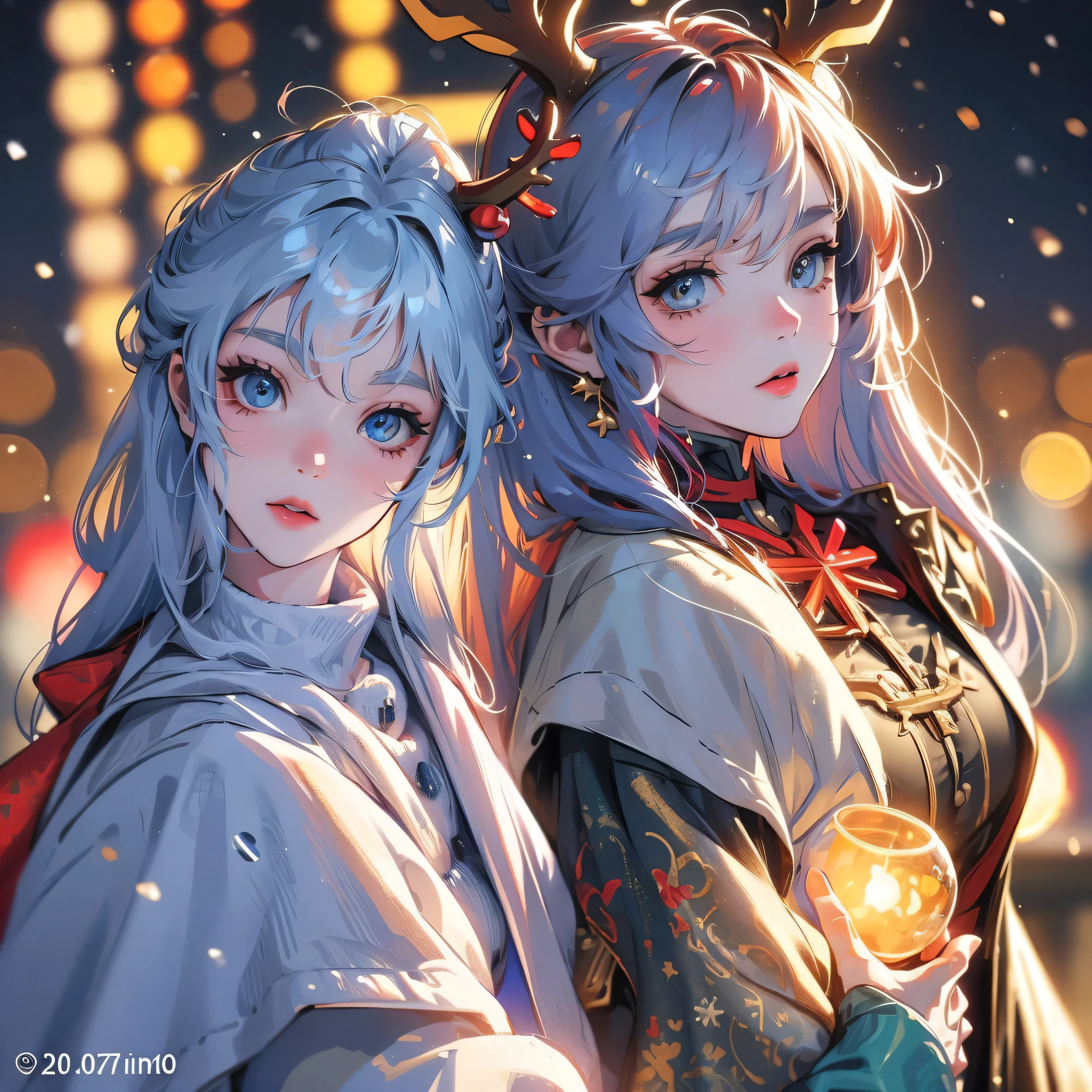 Christmas theme, cute beautiful cyborg, 8k, hd, unreal engine, masterpiece, 4k, extra details, Christmas decoration, snow, close face, Christmas cosplay, reindeer ears