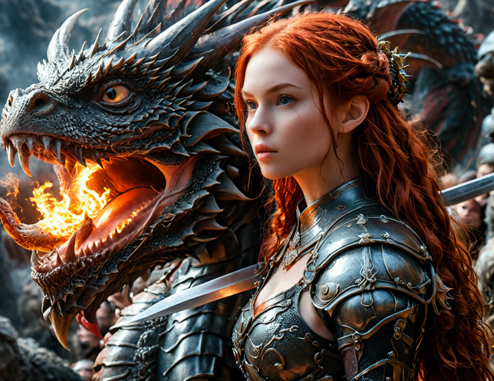 photorealistic image of a woman, ultrarealistic, photography, long red hair, woman, 24 years old, hourglass figure, perfect body, natural medium breasts, black metal armor, big red claymore sword on her back, fighting against a dragon (Maia:1), wide shot, cinematic shot, she is raising her sword, she is standing opposite of the dragon, she is looking at the dragon, the massive dragon is spewing fire into the air, Extreme Wide Shot (ELS), sideview