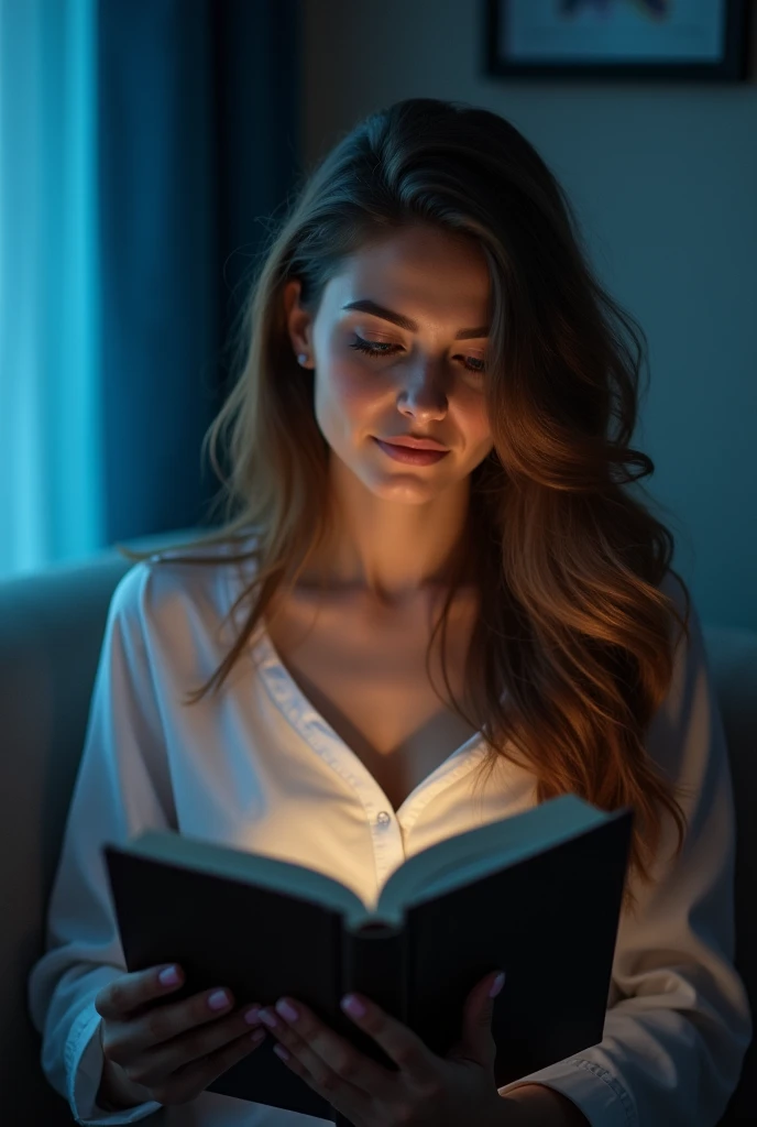 Image of beautiful perfect woman reading finance book, Very detailed, elegant, Digital SLR, Canon, Pinterest, Art Station, Smooth, Sharp focus, 8k,Full Shot, 105mm Portrait Lens , Blue lighting