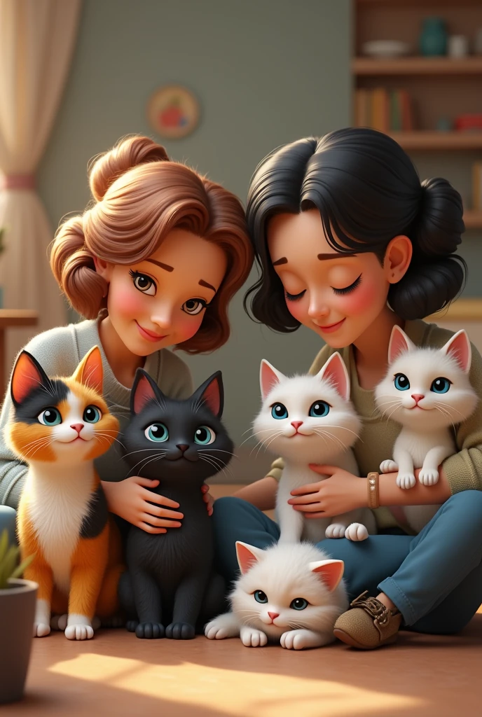 One bicolour cat color, one calico fluffy cat, one black fluffy cat, one black cat, one white cat with blue eye colour, one white fat cat and two woman holding them.