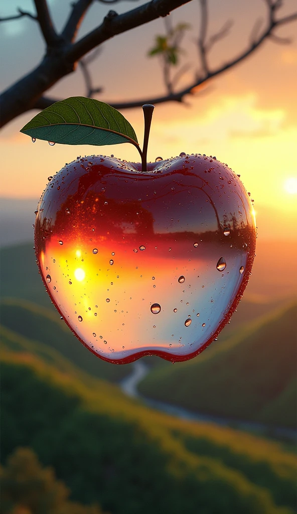 Apple
A glistening glass apple, suspended from a branch, refracts a breathtaking sunset over rolling hills and a verdant valley. Water droplets cling to the apple's transparent surface, creating a mesmerizing kaleidoscope of colors and reflections. [Surreal, photorealistic art, inspired by Salvador Dali and Rene Magritte], [Warm, sunset lighting, vibrant colors, focus on the apple and the reflected landscape, sharp details, realistic textures, blurred background of the hills and sky].