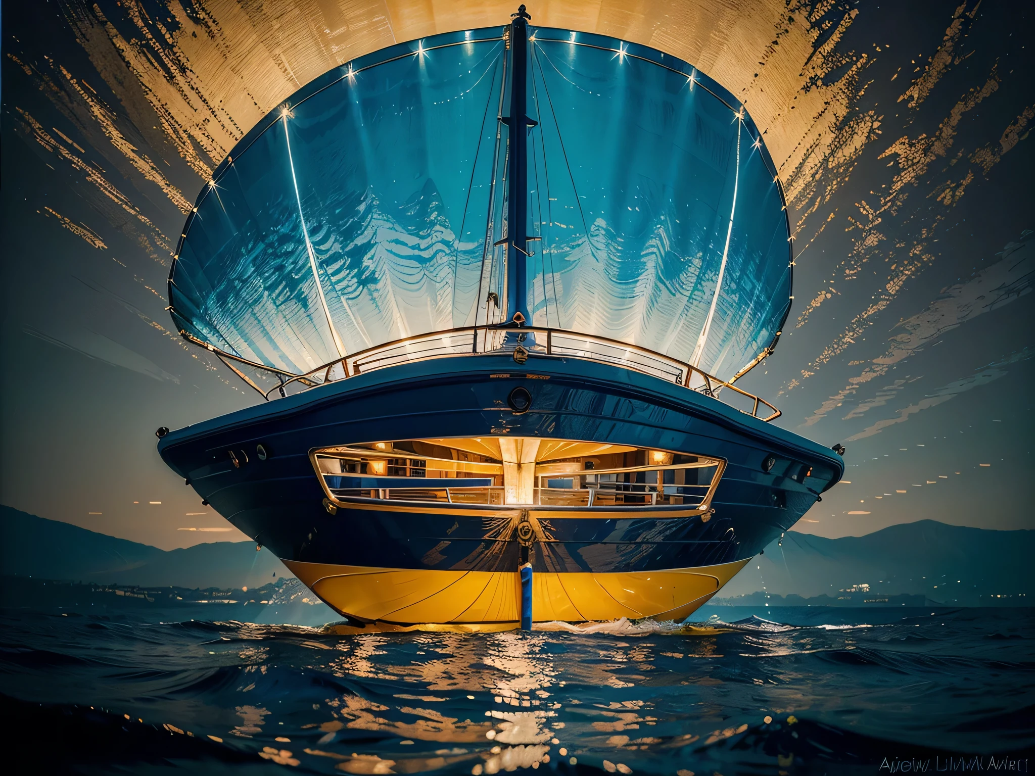 A dazzlingly shimmering bioluminescent dimensional dinghy floats amidst a sea of swirling colors and shapes in an acrylic painting. The main subject of this artwork is a small boat emitting a soft, ethereal light that illuminates its surroundings. The image, a masterful painting, captures the intricacies of the dinghy's luminous glow as it reflects off the surrounding waters. Every brushstroke is meticulously applied, creating a mesmerizing effect that draws the viewer in. The vivid colors and attention to detail make this painting a true masterpiece, showcasing the artist's talent and creativity.