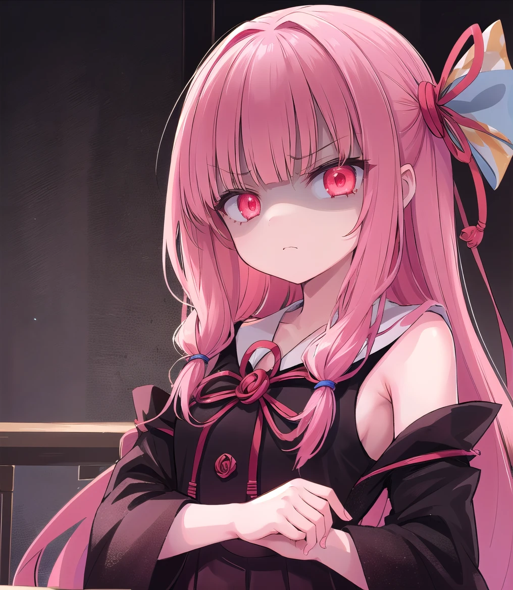 (masterpiece, Highest quality:1.2), alone, One girl, Kotonoha Akane,Angry expression,(glowing eyes:1.2),upper body:1.2,(Shaded face:1.5),Cinema Lighting,Hair Ribbon,Black Dress,Wide sleeves,Expose your shoulders
