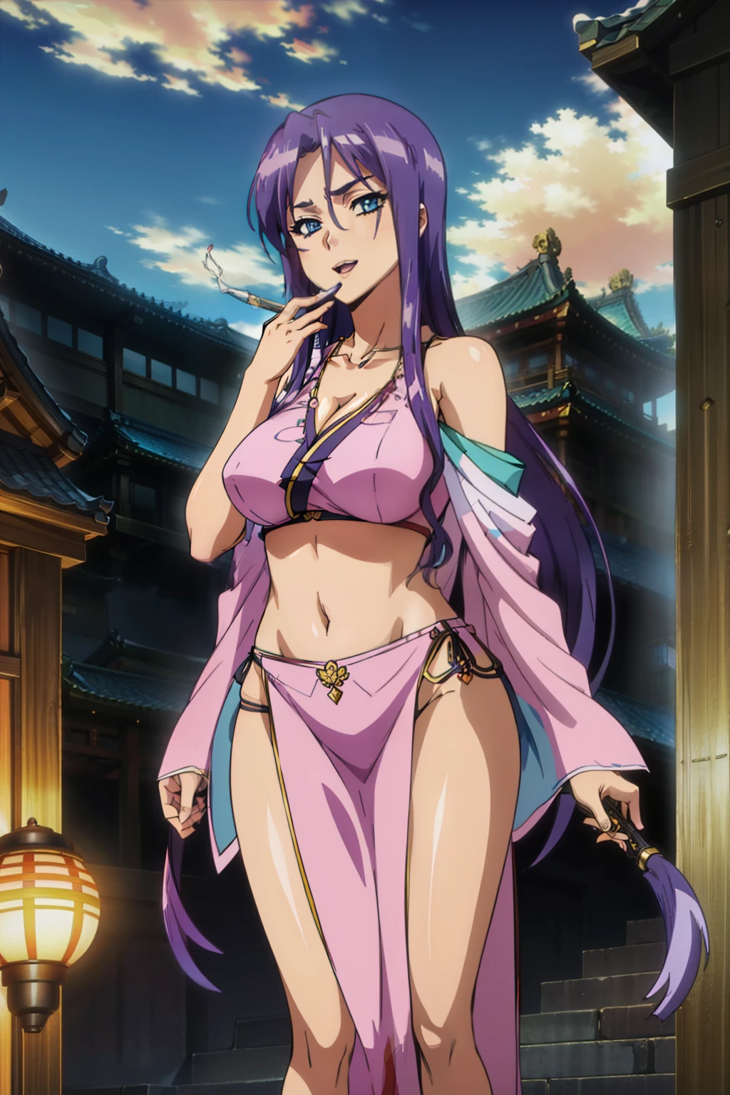 jewelry,gem, necklace, 
blue eyes, purple hair,long hair,Bangs,
long hair, lipstick, smile, Hot girl, baddie, staring, glaring, bad attitude, mean girl, dare, angry, hate, crazy, smoking, sensual, attractive, masterpiece, best quality, highly detailed, a anime girl in kimono dress ,holding sword, bare
shoulder,open kimono, evil smile, open mouth, crop top , smile, ecchi anime
style, anime girls, ecchi style, ecchi, digital anime art!!, in anime style, official artwork, visual novel cg,
beautiful anime girl, anime style 4 k, kimono pencil skirt, exposed belly, exposed navel,
exposed midriff, exposed lower belly, outdoor, japanese architecture, temple