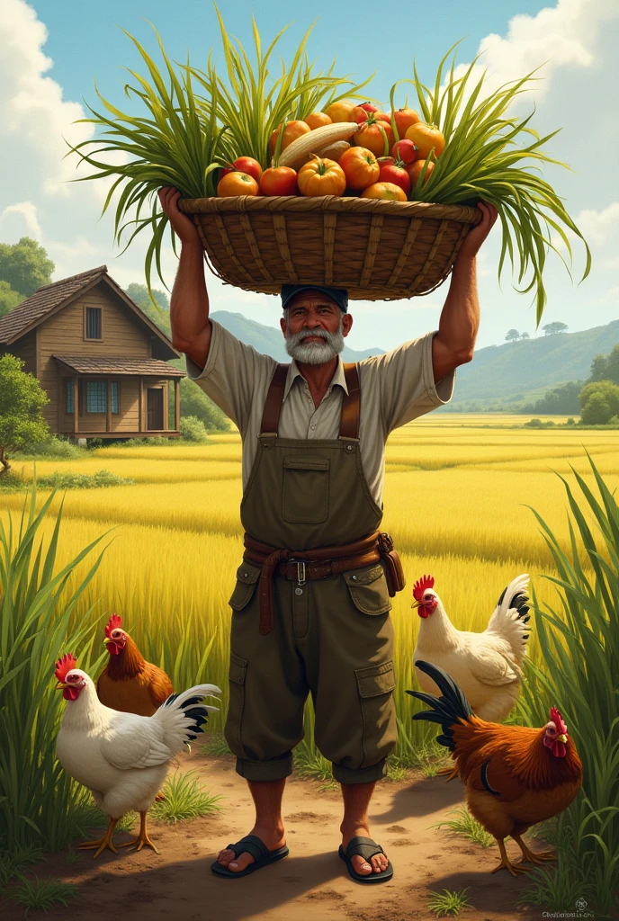 A man is holding his harvest in front of his farm with chickens and rice fields.