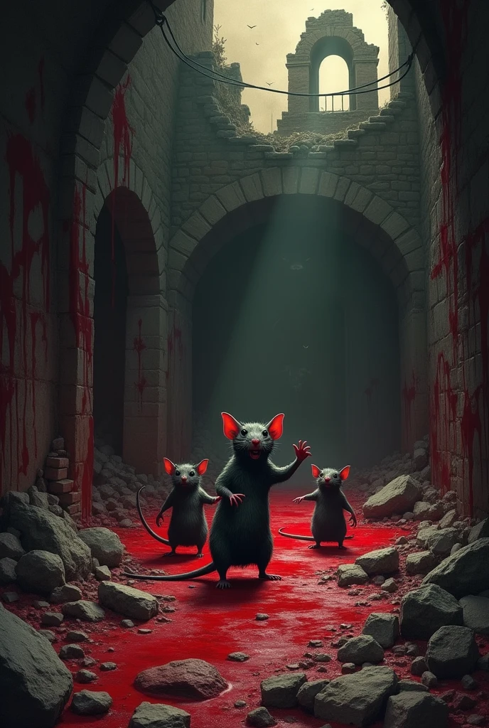 Over the ground blood and ruins.
Under the ground a rat family celebrating in a hole where there's no blood.