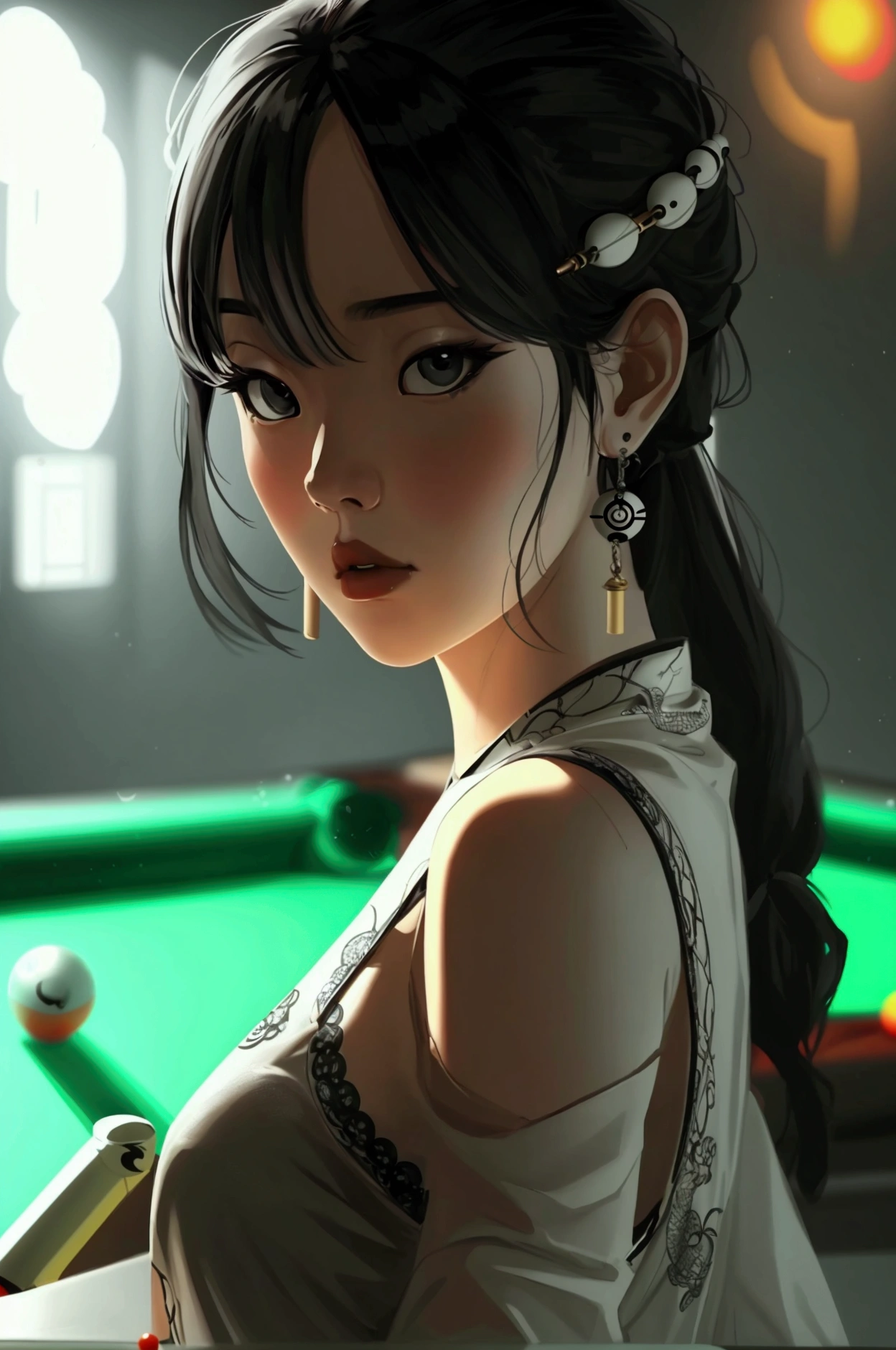 A girl playing billiards,Girl,The billiards case,Manhwa Style,Disney style,Exquisite facial features,Bright scene,best qualtiy,Movie lighting,oc rendered