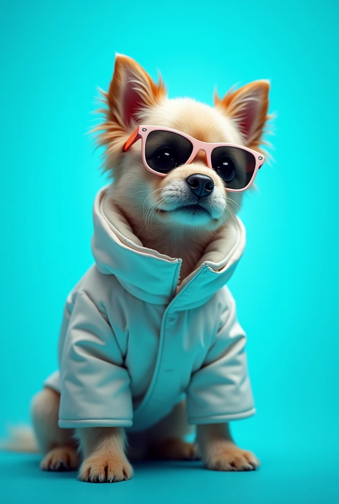 The best cell phone wallpaper, Award-Winning Wallpaper, portrait photography, In the front view is a portrait of a cute dog wearing mid-1960s space age fashion, Side view photo, Shot with Canon EOS R5, Set a strong contrast that accentuates the subject, Fluorescent blue tone, Wearing a very modern coat and sunglasses is a modern 1960s style, Clothes all in one color, beautiful background